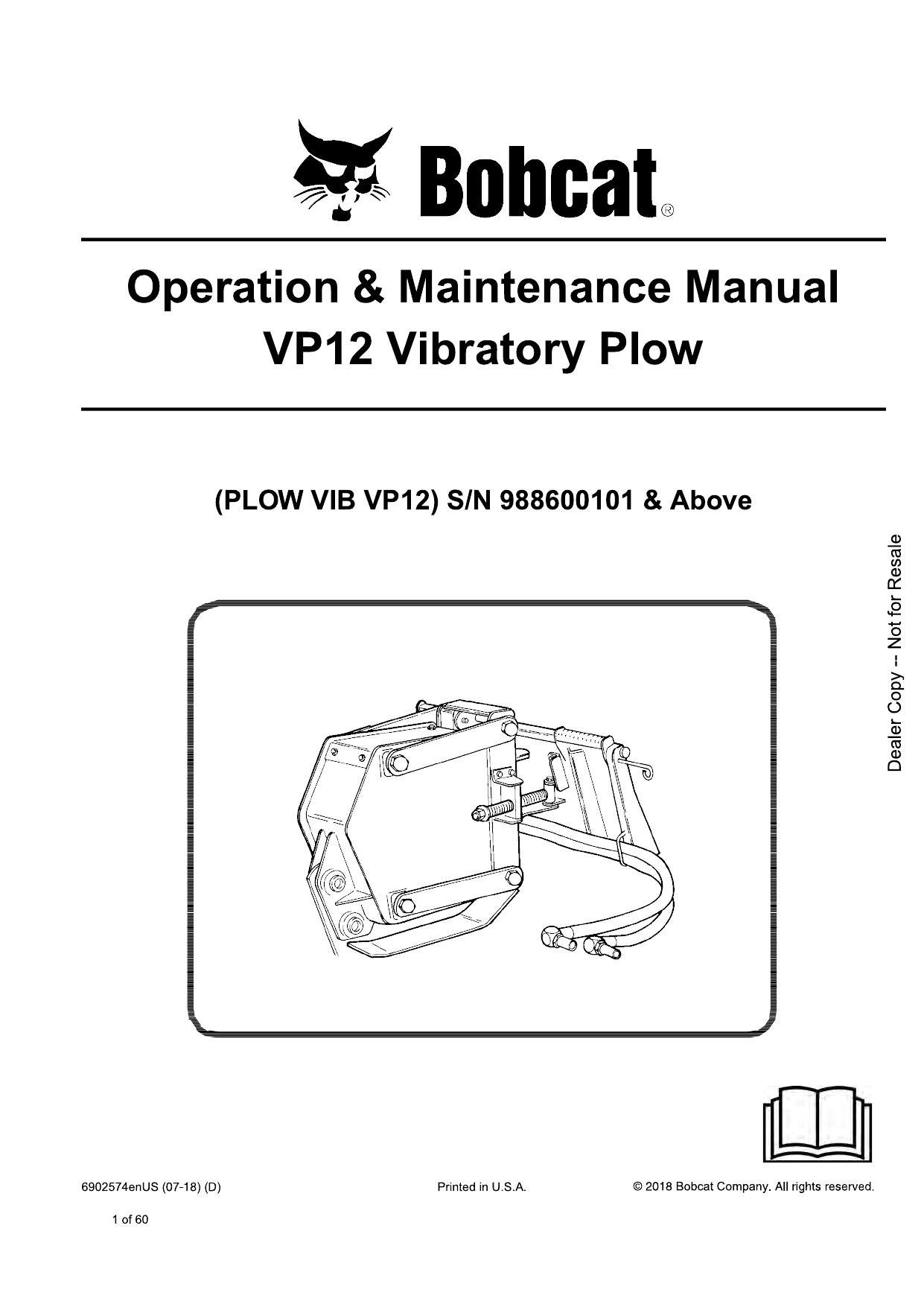 VP12 Vibratory Plow Attachment Operation & Maintenance Manual Bobcat